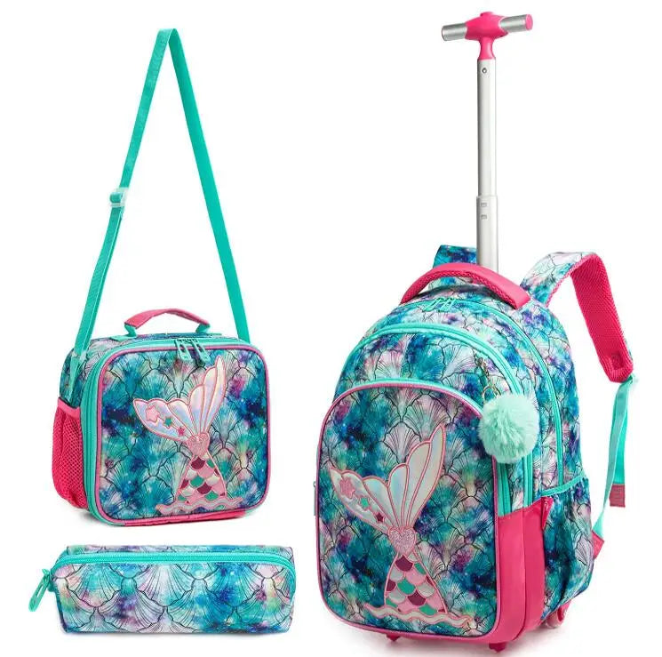 Cartable à Roulette 25L Oxford Mixte Bleu Ciel et Rose vue latérale droite - Cartable à Roulette