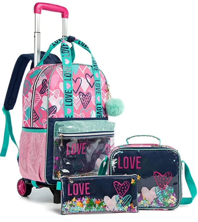 Cartable à Roulette 25L Polyester Imperméable Set Rose 2 vue latérale gauche - Cartable à Roulette
