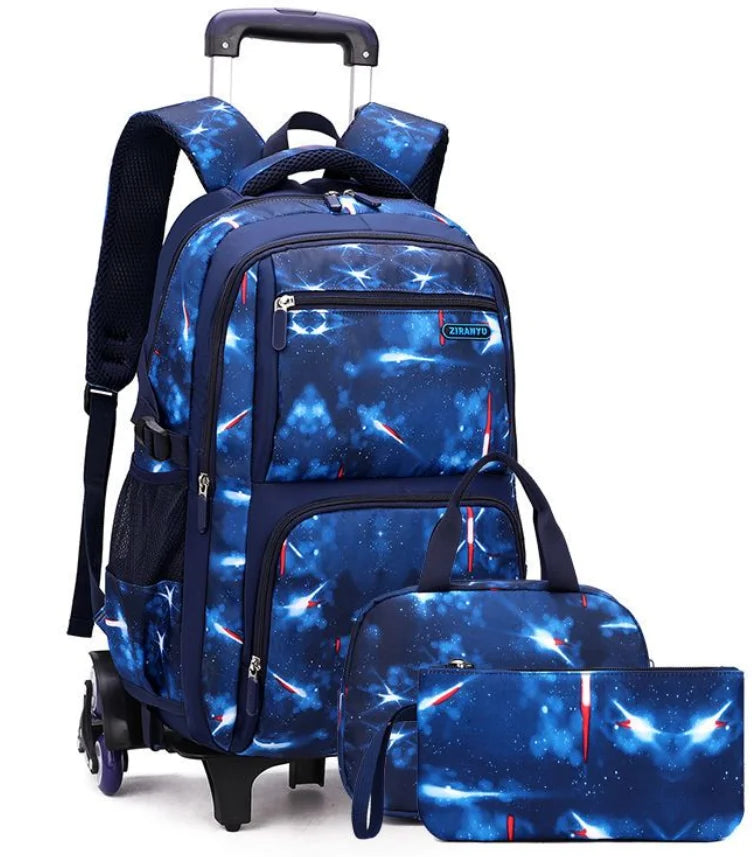 Cartable à Roulette 2 Compartiments Spacieux Bleu 6 roulettes vue latérale gauche - Cartable à Roulette