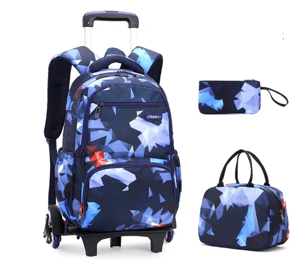 Cartable à Roulette 2 Compartiments Spacieux Bleu et Blanc 6 roulettes vue latérale gauche - Cartable à Roulette