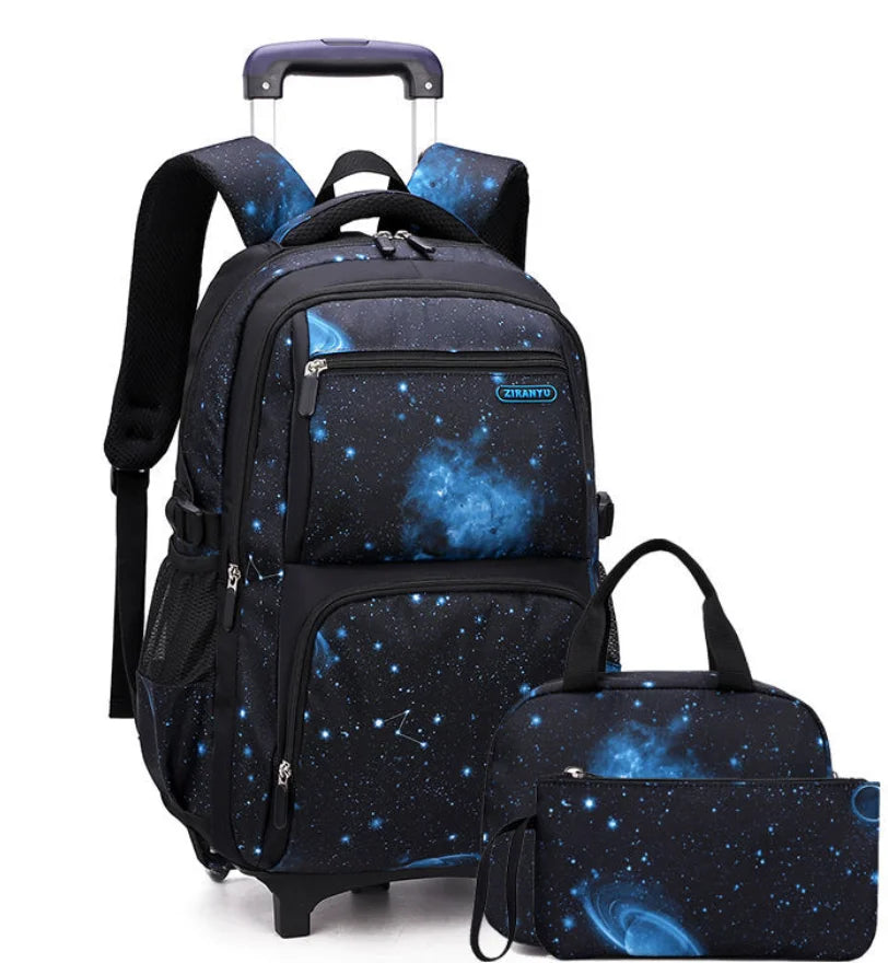 Cartable à Roulette 2 Compartiments Spacieux Noir et Bleu 2 roulettes vue latérale gauche - Cartable à Roulette