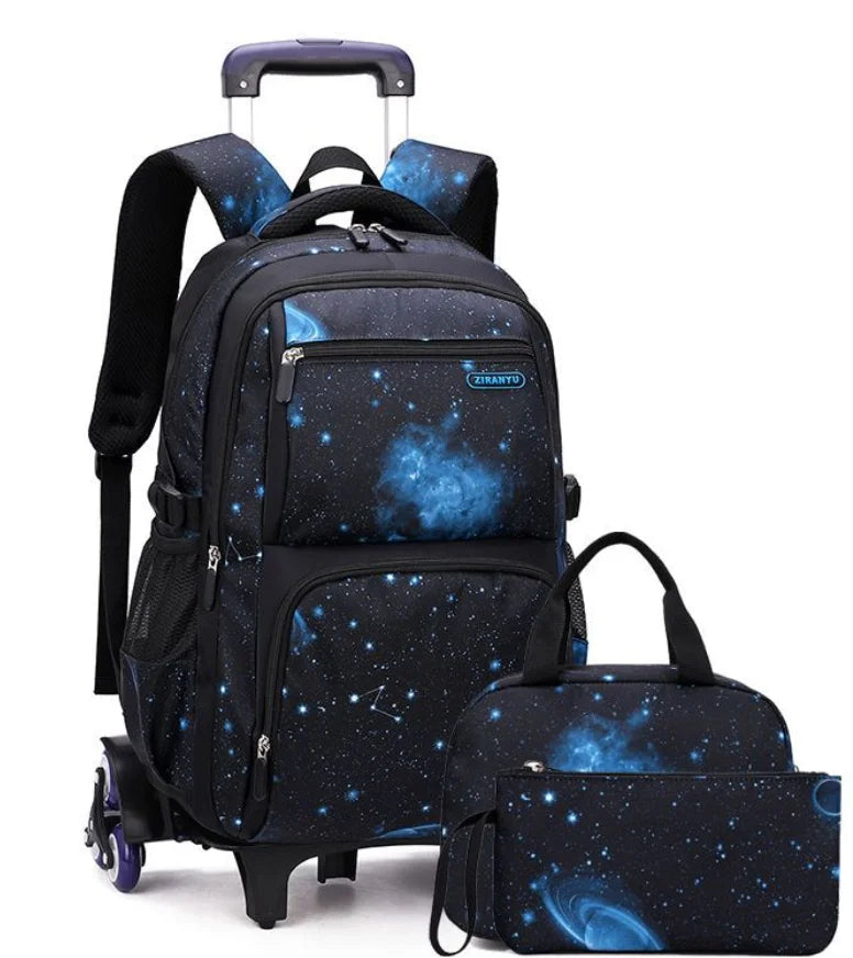 Cartable à Roulette 2 Compartiments Spacieux Noir et Bleu 6 roulettes vue latérale gauche - Cartable à Roulette