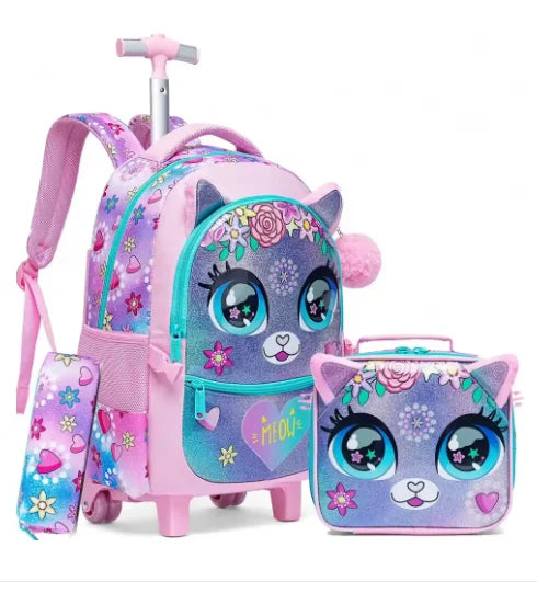 Cartable à Roulette Chipie 46cm Set Lunch Box Rose et Violet vue latérale gauche - Cartable à Roulette