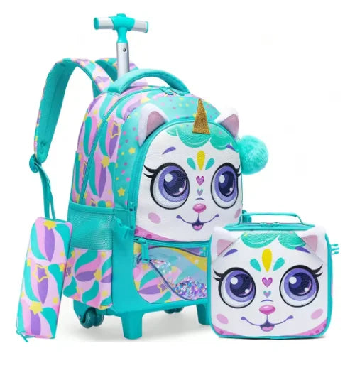 Cartable à Roulette Chipie 46cm Set Lunch Box Vert et Blanc vue latérale gauche - Cartable à Roulette