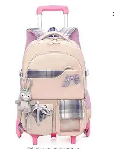 Cartable à Roulette Chipie 50cm Grand Format Beige et Rose vue de face - Cartable à Roulette