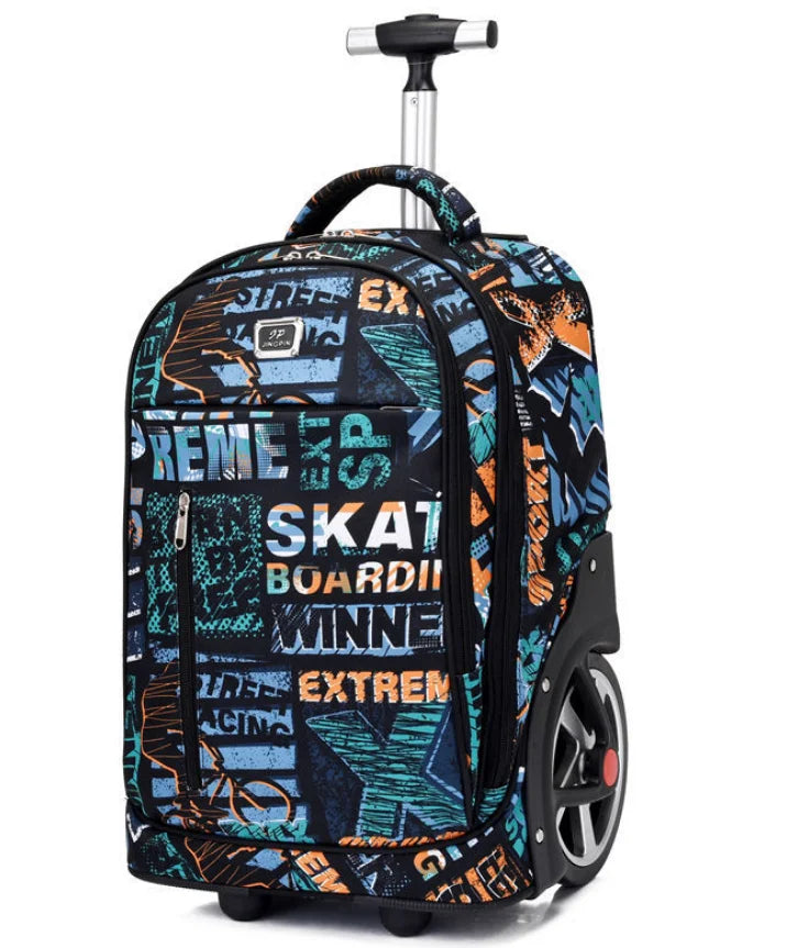 Cartable à Roulette Collège 49cm Oxford Compartiment Laptop Noir Bleu et Orange vue latérale droite - Cartable à Roulette