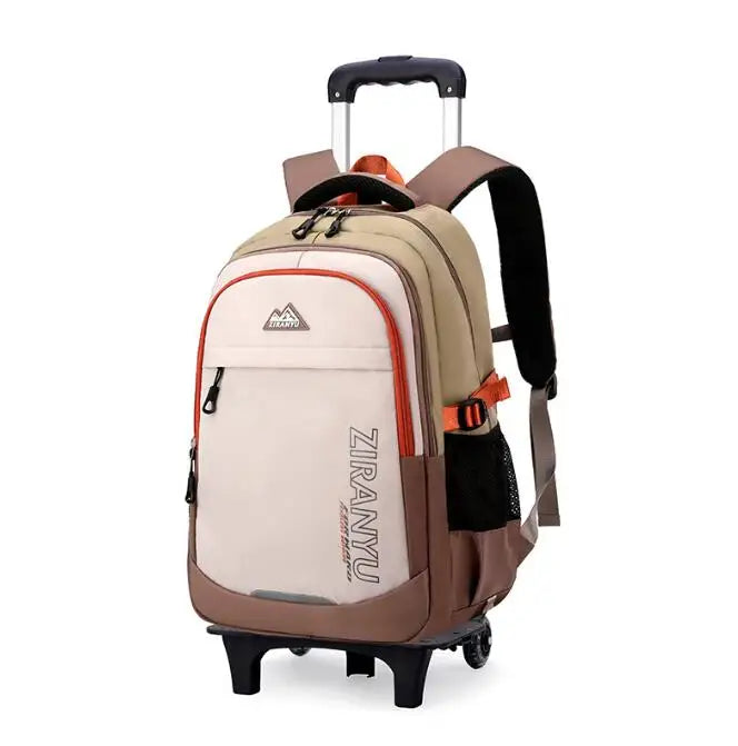 Cartable à Roulette Collège 51cm 6 Roues Blanc et Beige 2 roulettes vue latérale droite - Cartable à Roulette