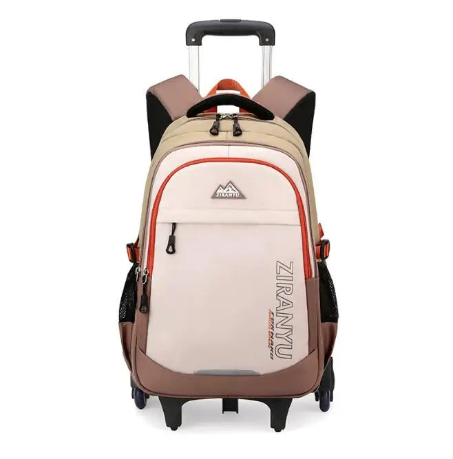 Cartable à Roulette Collège 51cm 6 Roues Blanc et Beige 6 roulettes vue de face - Cartable à Roulette