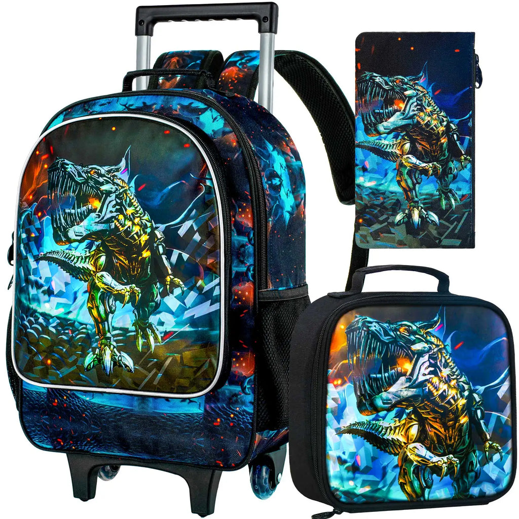 Cartable à Roulette Dinosaure 47cm Set 3 Pièces Bleu vue d'ensemble - Cartable à Roulette