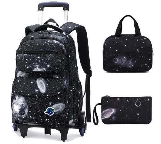 Cartable à Roulette Espace 40cm Compact Étoiles Noir et Blanc vue latérale droite - Cartable à Roulette