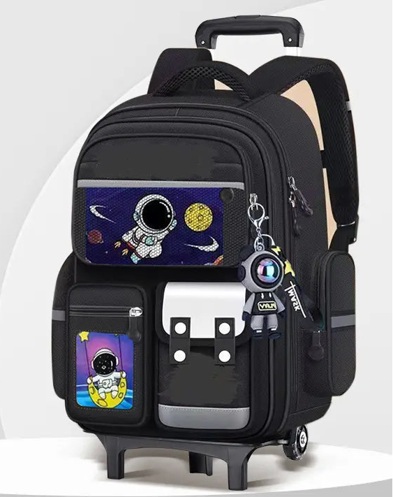 Cartable à Roulette Espace 41cm Astronaute Réfléchissant Noir 2 roulettes vue latérale droite - Cartable à Roulette