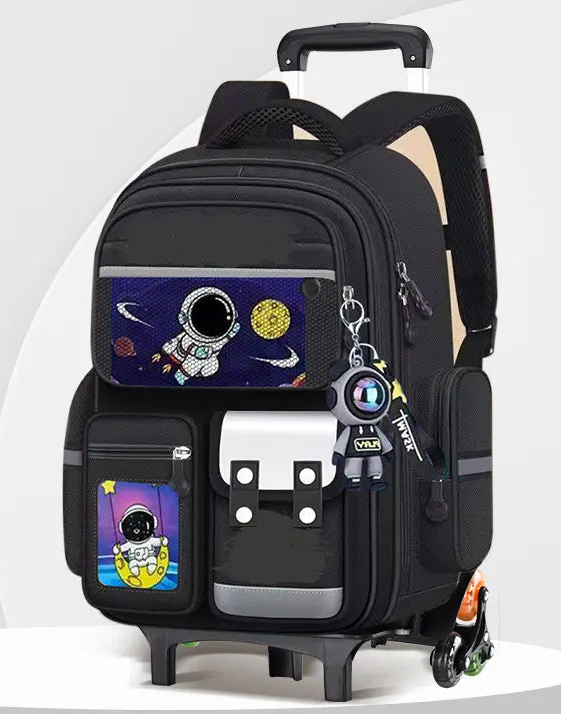Cartable à Roulette Espace 41cm Astronaute Réfléchissant Noir 6 roulettes vue latérale droite - Cartable à Roulette