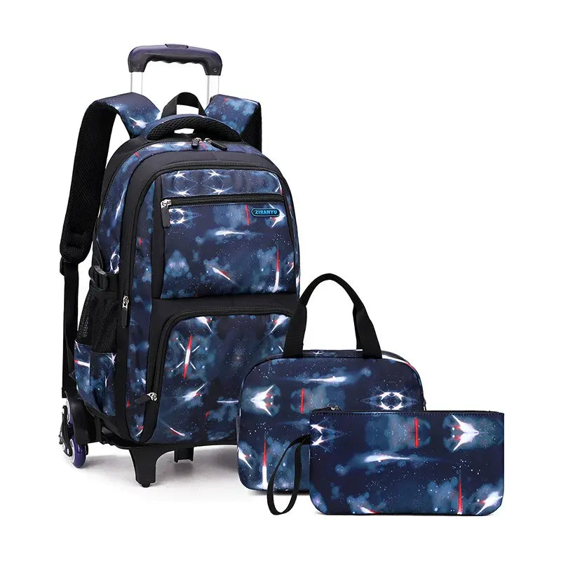 Cartable à Roulette Espace 46cm Collège Set 3 Pièces Bleu Foncé vue latérale gauche - Cartable à Roulette