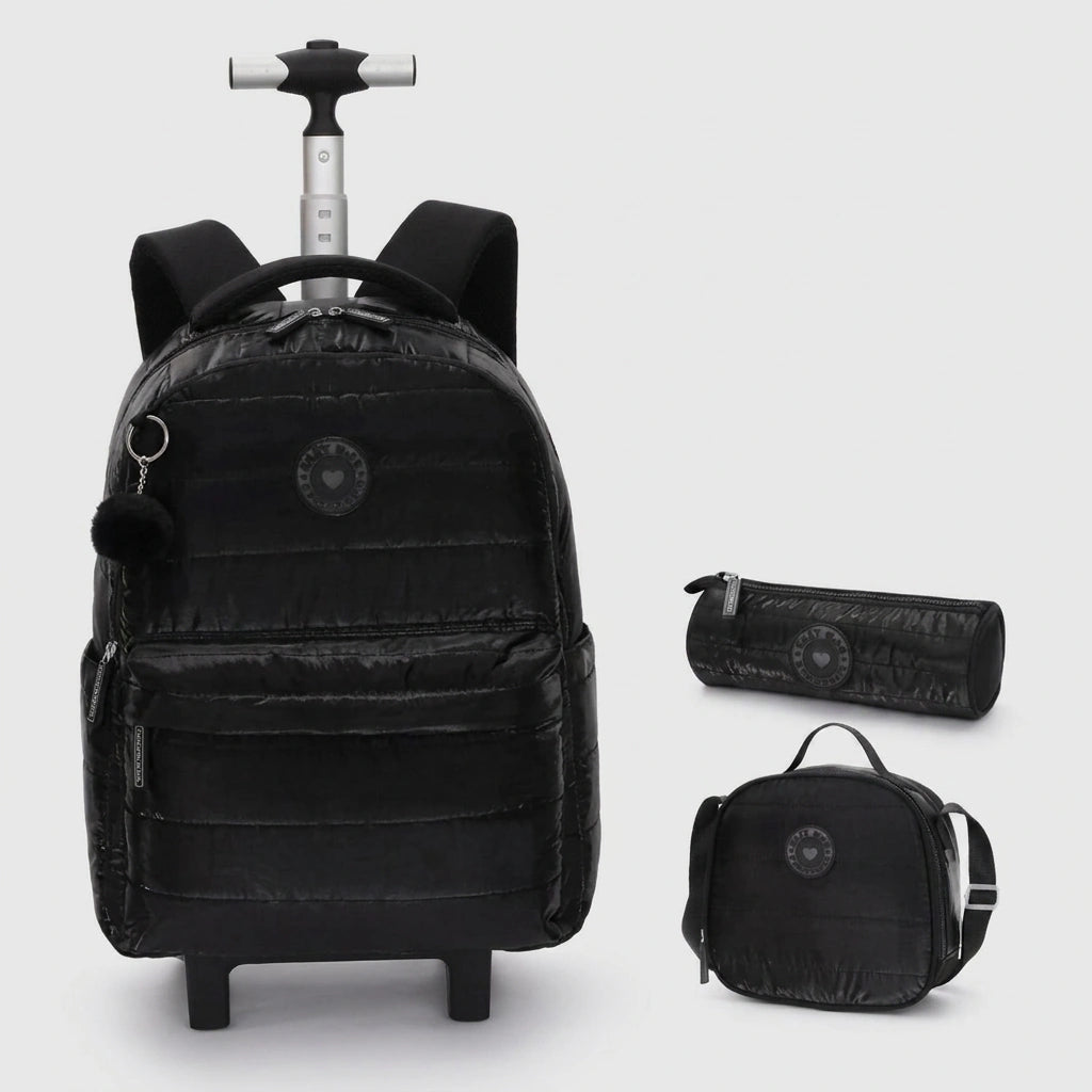 Cartable à Roulette Fille 18 Pouces Set 3 Pieces Noir vue de face — Cartable à Roulette