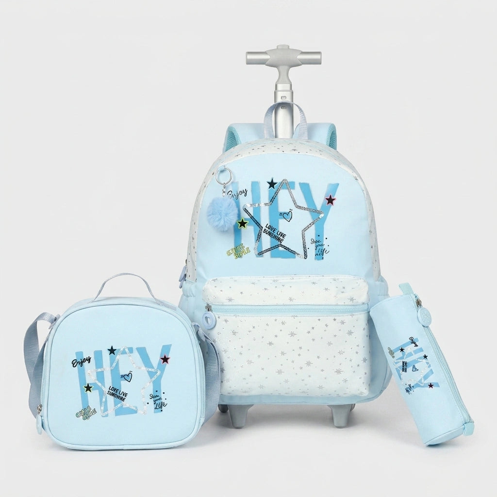 Cartable à Roulette Fille 42cm Compact Roulettes Silencieuses Bleu vue de face — Cartable à Roulette