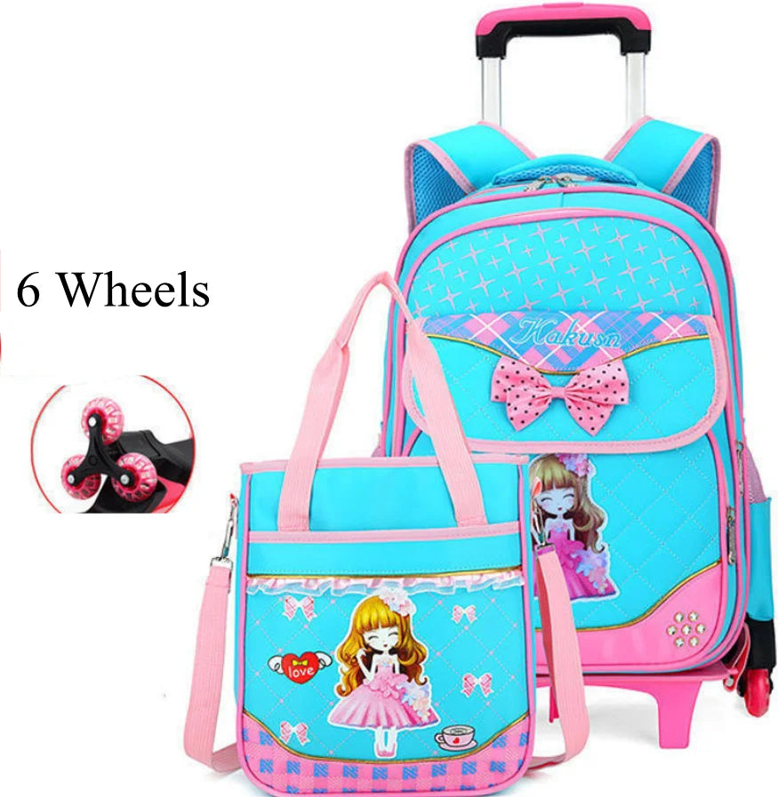 Cartable à Roulette Fille 42cm 6 Roues Set 3 Pièces Bleu 6 roulettes vue de face - Cartable à Roulette