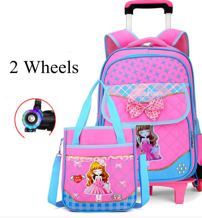 Cartable à Roulette Fille 42cm 6 Roues Set 3 Pièces Rose Clair 2 roulettes vue de face - Cartable à Roulette