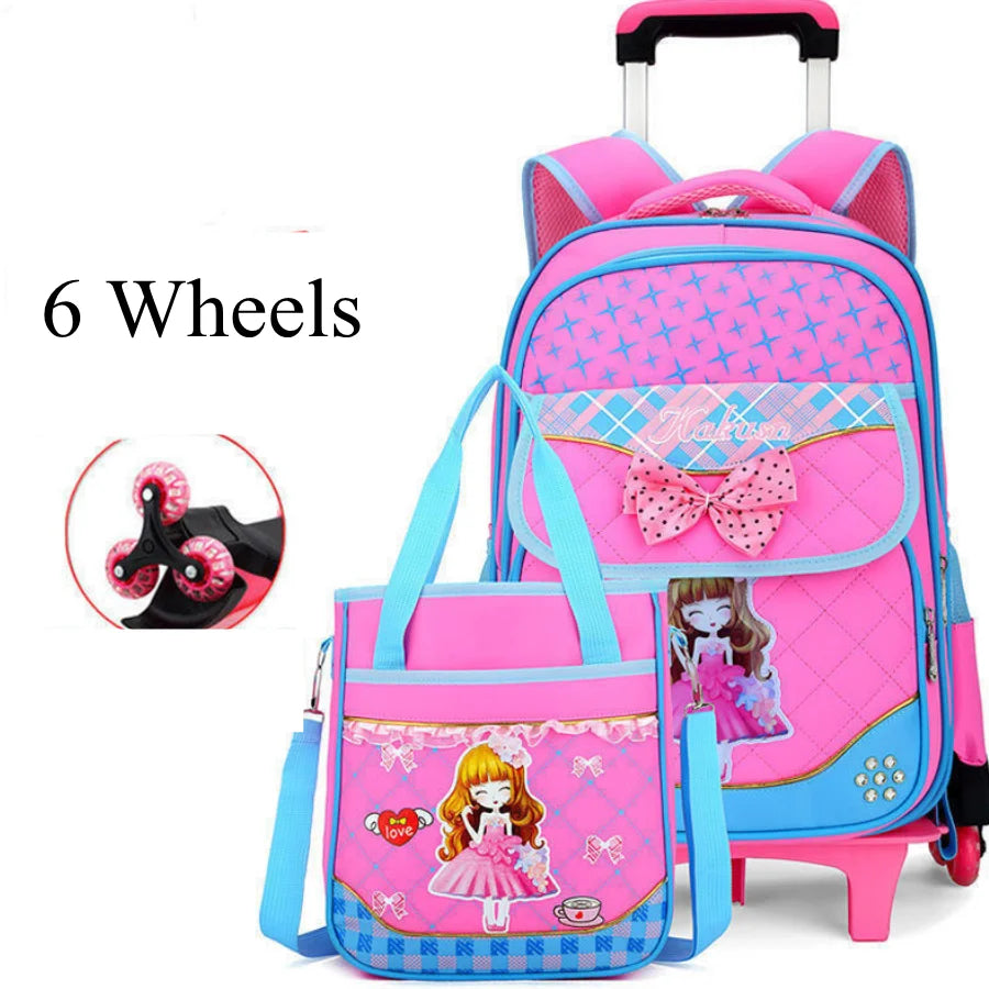 Cartable à Roulette Fille 42cm 6 Roues Set 3 Pièces Rose Clair 6 roulettes vue de face - Cartable à Roulette