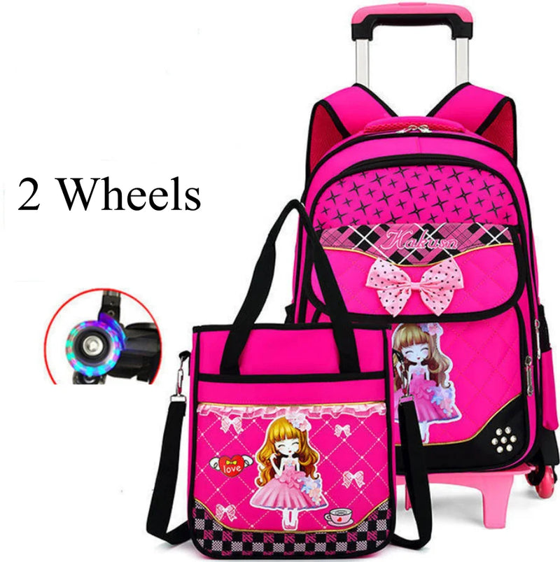 Cartable à Roulette Fille 42cm 6 Roues Set 3 Pièces Rose Foncé 2 roulettes vue de face - Cartable à Roulette