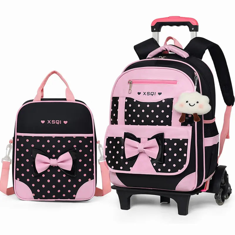Cartable à Roulette Fille 42cm Set 2 Pièces Noir et Rose vue latérale droite - Cartable à Roulette