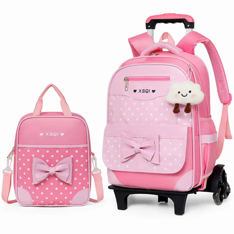 Cartable à Roulette Fille 42cm Set 2 Pièces Rose vue latérale droite - Cartable à Roulette