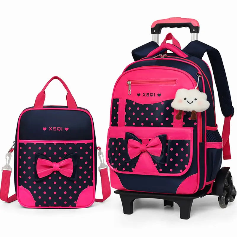 Cartable à Roulette Fille 42cm Set 2 Pièces Rose et Rouge vue latérale droite - Cartable à Roulette