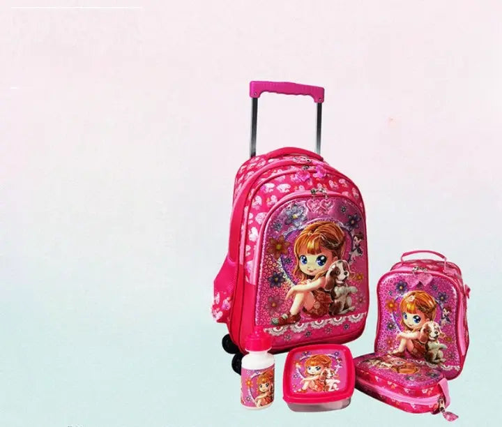 Cartable à Roulette Fille 43cm Set 5 Pièces Rose vue latérale gauche - Cartable à Roulette