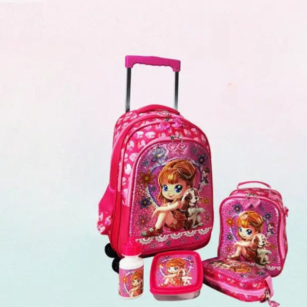 Cartable à Roulette Fille 43cm Set 5 Pièces Rose vue latérale gauche - Cartable à Roulette