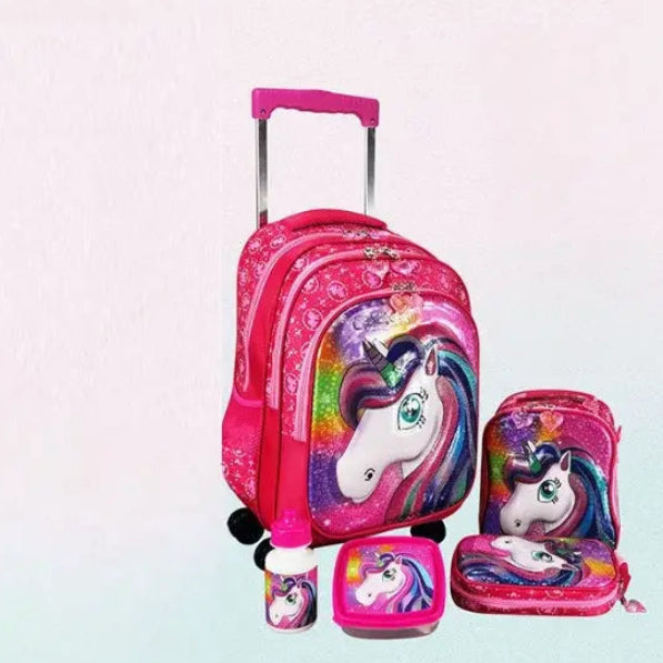 Cartable à Roulette Fille 43cm Set 5 Pièces Rose Licorne vue latérale gauche - Cartable à Roulette