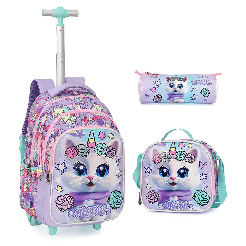 Cartable à Roulette Fille 44cm Set 3 Pièces Chat vue latérale gauche - Cartable à Roulette