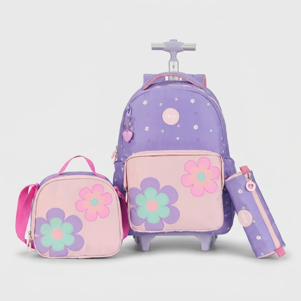 Cartable à Roulette Fille 45cm Grand Format Set 3 Pièces Fleur Rose vue de face — Cartable à Roulette