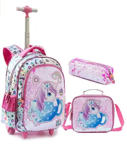 Cartable à Roulette Fille 46cm Paillettes Set 3 Pièces Rose 2 vue de gauche— Cartable à Roulette