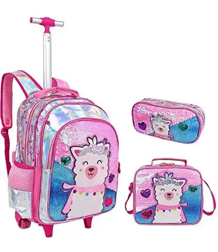 Cartable à Roulette Fille 46cm Paillettes Set 3 Pièces Rose 2 vue de gauche— Cartable à Roulette