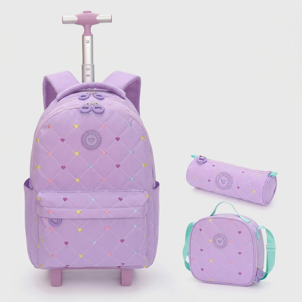 Cartable à Roulette Fille 52cm Grand Format Imperméable Violet vue de face — Cartable à Roulette