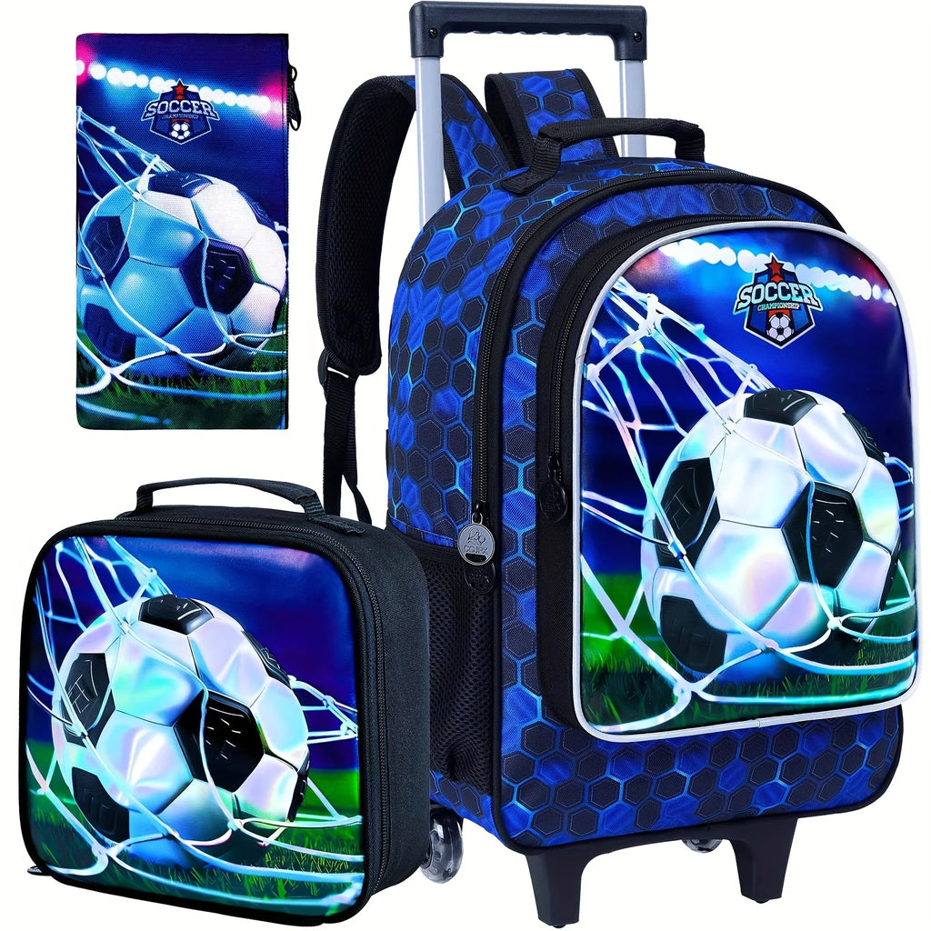 Cartable à Roulette Football 42cm Compact Bleu et Vert vue d'ensemble - Cartable à Roulette