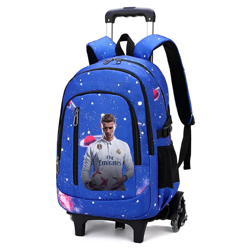 Cartable à Roulette Football 48cm Nylon Bleu Clair 1 vue latérale droite - Cartable à Roulette