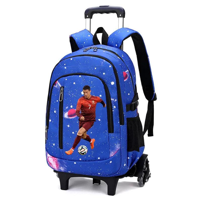 Cartable à Roulette Football 48cm Nylon Bleu Clair 3 vue latérale droite - Cartable à Roulette