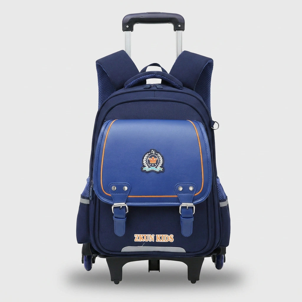 Cartable à roulette garçon 43cm PU imperméable Roulettes Bleu 2 roulettes vue de face — Cartable à Roulette