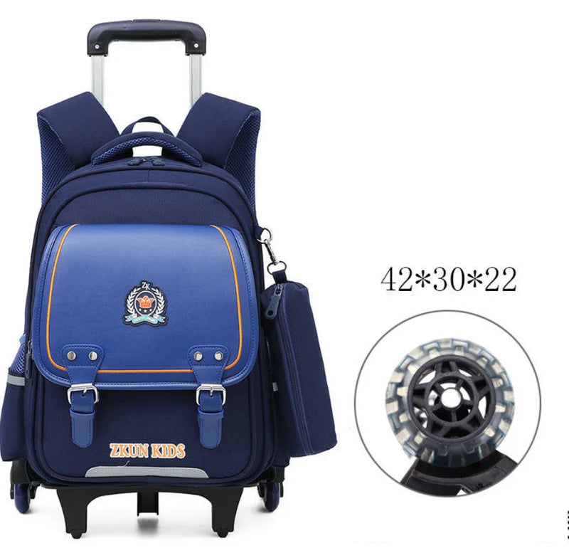 Cartable à roulette garçon 43cm PU imperméable Roulettes Bleu 2 roulettes vue de face — Cartable à Roulette