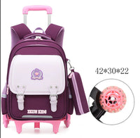 Cartable à roulette garçon 43cm PU imperméable Roulettes Rose et Mauve 2 roulettes vue de face — Cartable à Roulette