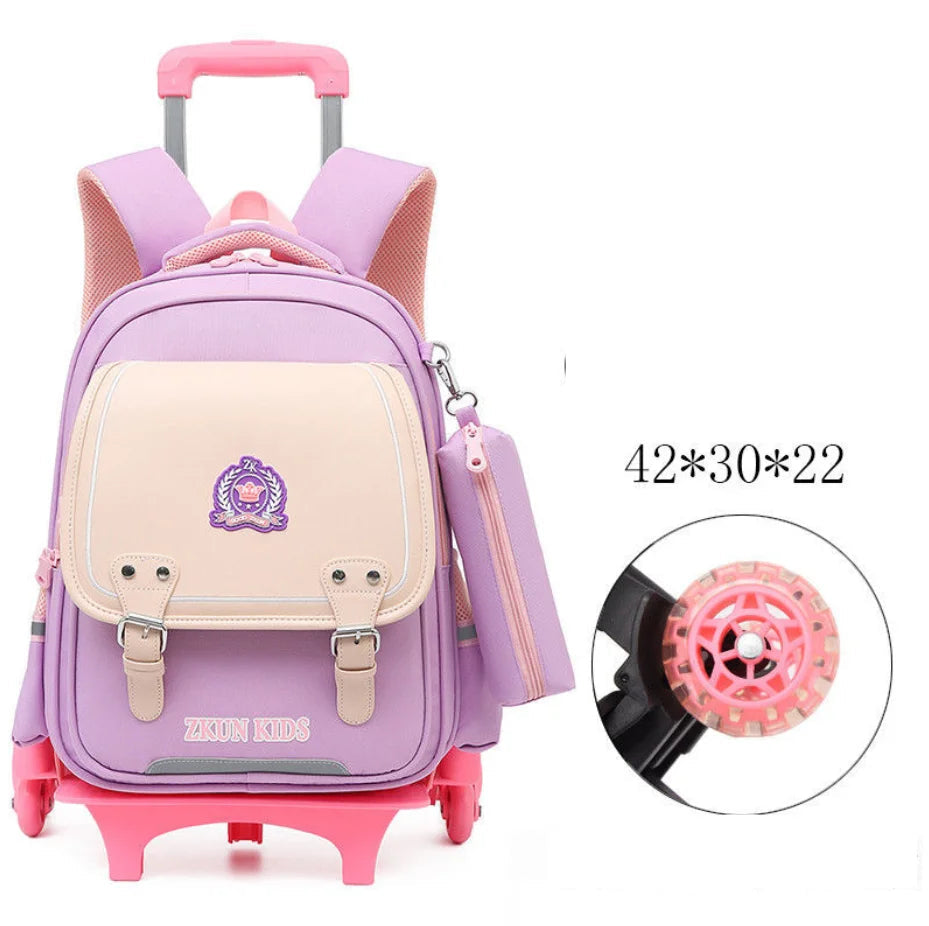 Cartable à roulette garçon 43cm PU imperméable Roulettes Rose et Violet 2 roulettes vue de face — Cartable à Roulette