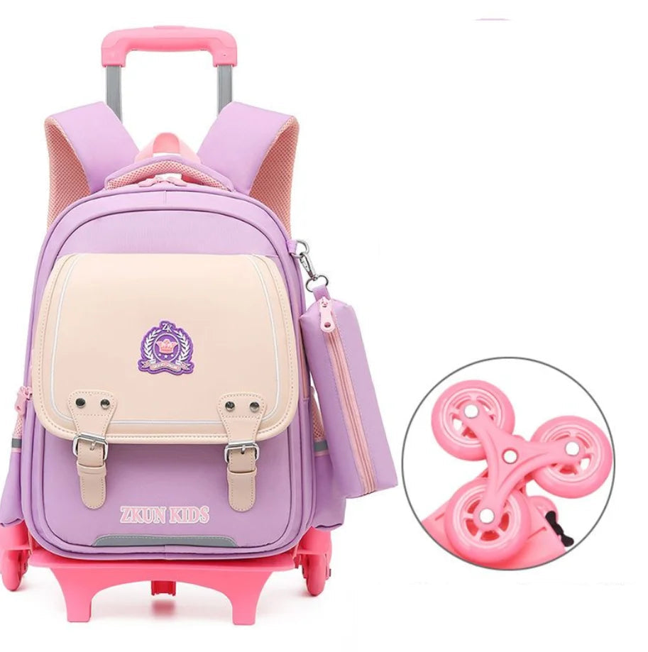Cartable à roulette garçon 43cm PU imperméable Roulettes Rose et Violet 6 roulettes vue de face — Cartable à Roulette