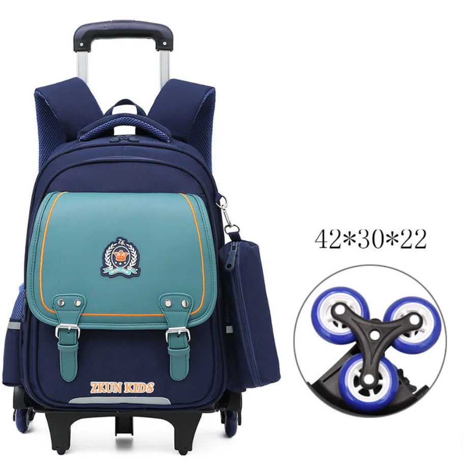 Cartable à roulette garçon 43cm PU imperméable Roulettes Vert et Bleu 6 roulettes vue de face — Cartable à Roulette
