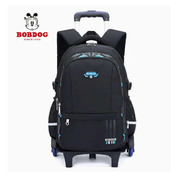 Cartable à Roulette Garçon 46cm 6 Roues Oxford Noir et Bleu 2 roulettes vue de face — Cartable à Roulette