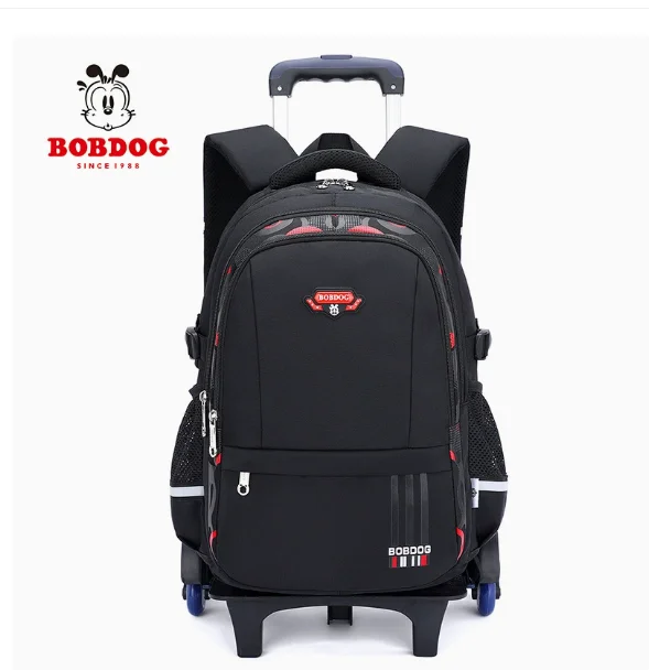 Cartable à Roulette Garçon 46cm 6 Roues Oxford Noir et Rouge 2 roulettes vue de face — Cartable à Roulette