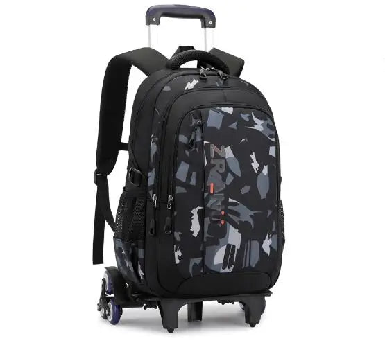 Cartable à Roulette Garçon 47cm Oxford Imperméable Noir et Gris 6 roulettes vue latérale gauche — Cartable à Roulette