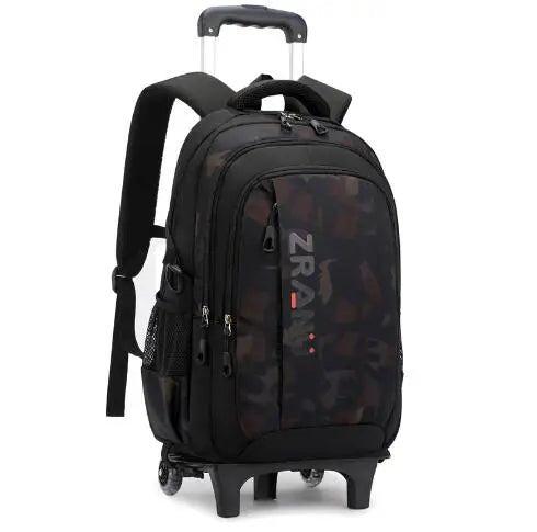 Cartable à Roulette Garçon 47cm Oxford Imperméable Noir et Marron 2 roulettes vue latérale gauche — Cartable à Roulette