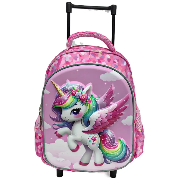 Cartable à Roulette Licorne 30cm Ultra-Léger Licorne Rose Foncé vue de face - Cartable à Roulette