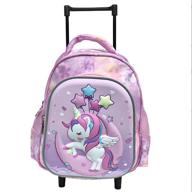 Cartable à Roulette Licorne 30cm Ultra-Léger Licorne Rose Pastel vue de face - Cartable à Roulette
