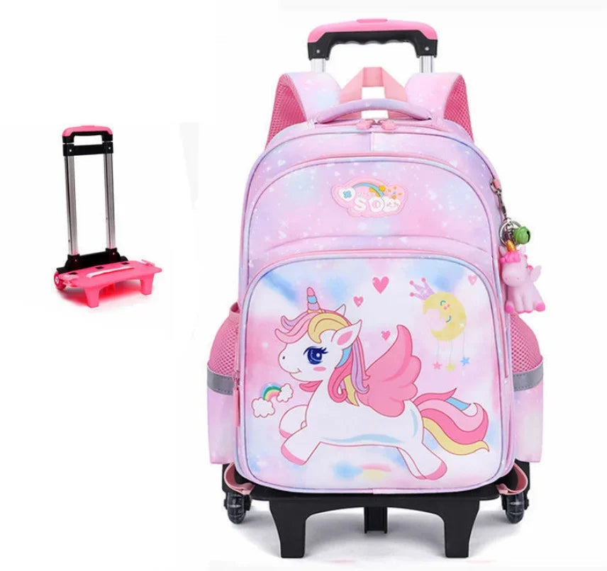 Cartable à Roulette Licorne 42cm 6 Roues Rose 2 roulettes vue de face - Cartable à Roulette